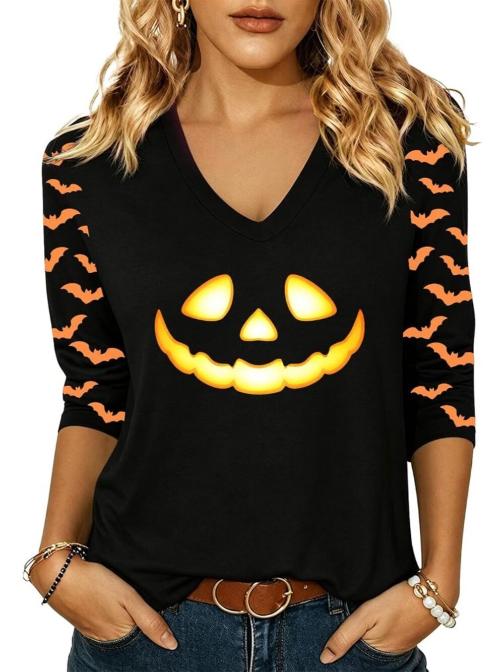 〽️Halloween Shirt For Women V Neck 3/4 Sleeve Top Spooky Season Graphic Tee Fall